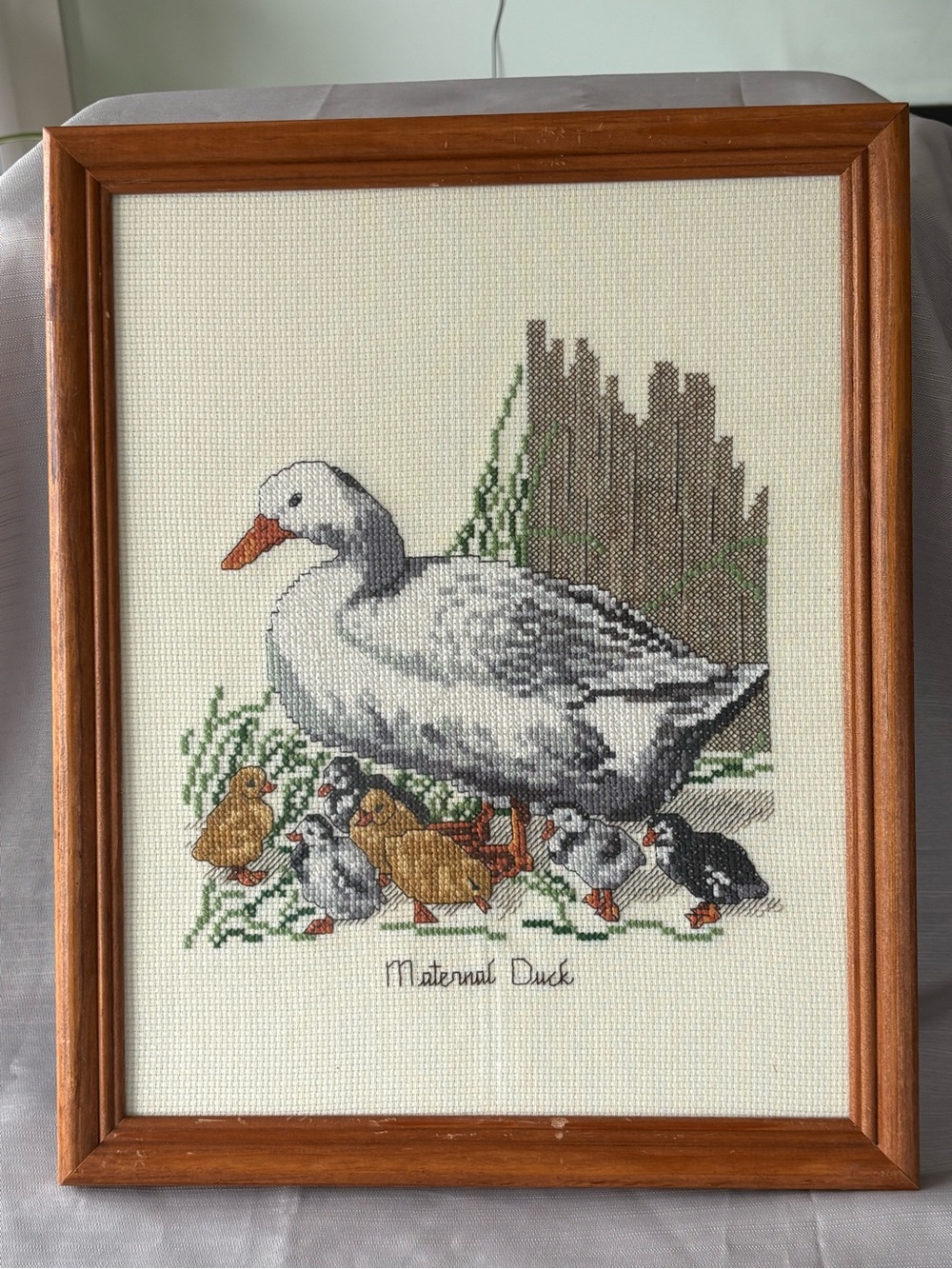 Vintage Framed 'Maternal Duck' Cross-Stitch Art - White and Brown